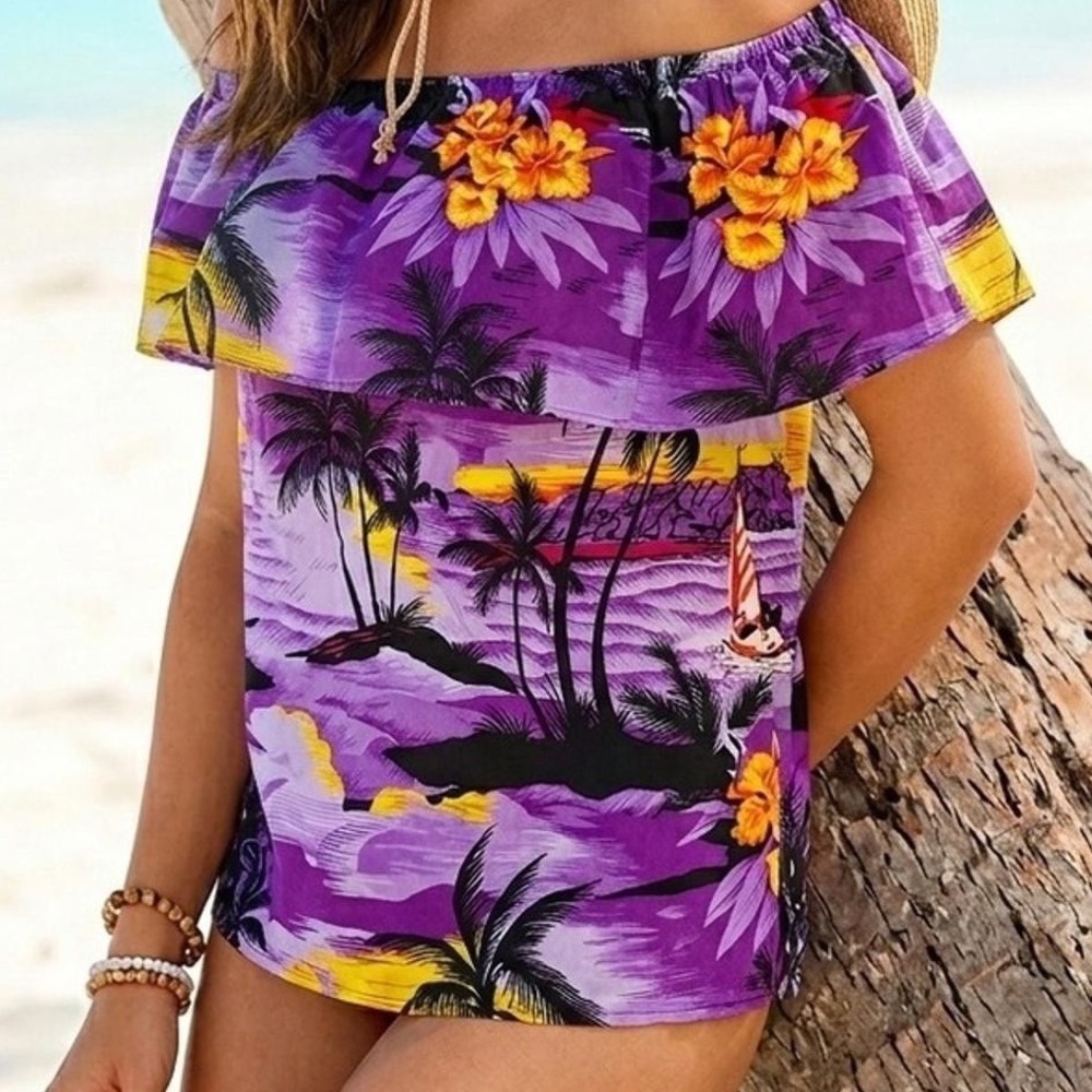 Hawaii Hangover Off-the-Shoulder Rayon Ruffle Top Purple Tropical Large Sailboat